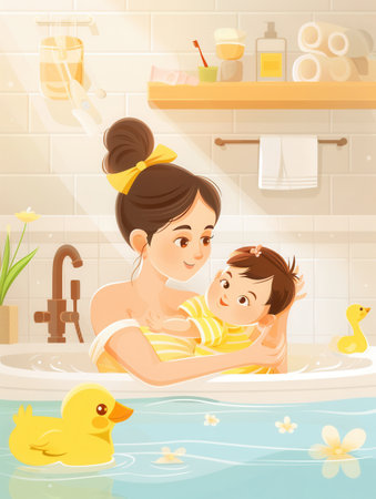 A mother gently bathes her baby in a bathtub with a rubber ducky.の素材