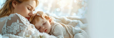 A mother cradles her sleeping baby in soft, comforting bedding.の素材