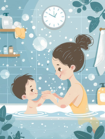 A mother gently bathes her baby boy in a bathtub filled with bubbles. The scene is warm and loving, ideal for baby hygiene product imagery.の素材