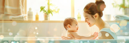 A mother lovingly bathes her baby in a bright bathroom.の素材