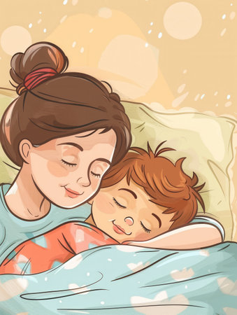 A mother gently cradles her sleeping child in bed, creating a peaceful and loving scene.の素材