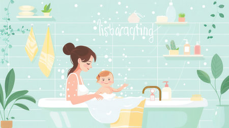A mother gently bathes her baby in a bathtub filled with bubbles. The bathroom features a light green tiled wall and a window with a plant outside.の素材