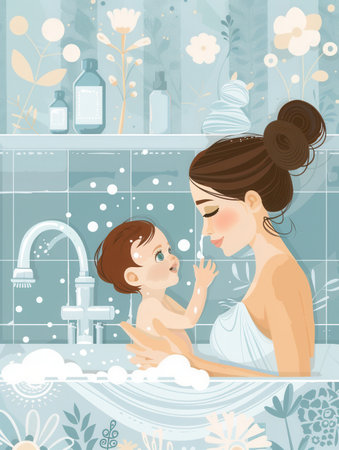 A mother lovingly bathes her baby in a tub full of bubbles.の素材