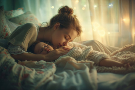 A mother lovingly puts her baby to sleep in a cozy bed, creating a warm and peaceful scene.の素材