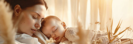 A mother gently cradles her sleeping baby, bathed in soft, natural light.の素材