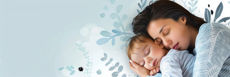 A mother peacefully rests with her sleeping baby in bed, creating a calming and serene atmosphere.の素材
