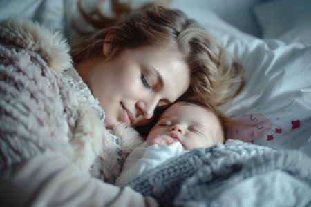 A mother gently cradles her sleeping baby in bed, both enveloped in soft blankets. The scene is serene and peaceful, perfect for promoting products that foster restful sleep.の素材