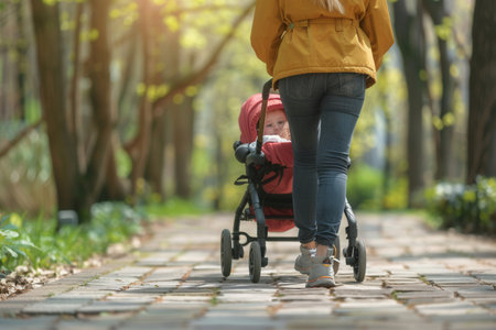 A mother walks along a cobblestone path in a park, pushing a stroller with her child inside. The sun shines through the trees and creates a bright, warm atmosphere.の素材