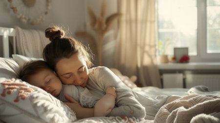 A mother lovingly holds her sleeping child in a soft, comfortable bed. The warm, natural light creates a peaceful and serene atmosphere.の素材
