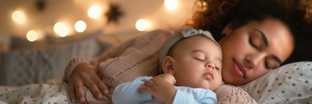 A mother cradles her sleeping baby in a peaceful bedroom setting. The soft light creates a calming atmosphere.の素材