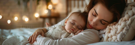 A mother gently cradles her sleeping baby in bed, creating a serene and calming scene.の素材