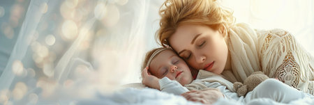 A mother gently cradles her sleeping baby in a soft, white bed. Sunlight streams through the window, casting a warm glow over the scene.の素材