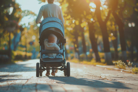 A mother pushes a stroller with her child through a park path on a sunny day.の素材