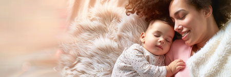 A loving mother gently cradles her sleeping baby on soft, fluffy bedding. The scene is serene and peaceful, perfect for promoting products that promote restful sleep for babies.の素材