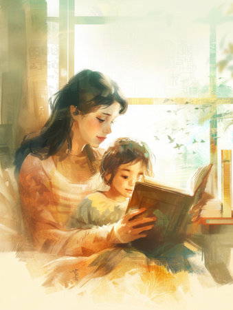 A mother reads a book to her young child in a cozy setting. The image is warm and educational, perfect for publishers, bookstores, and childrens educational programs.の素材