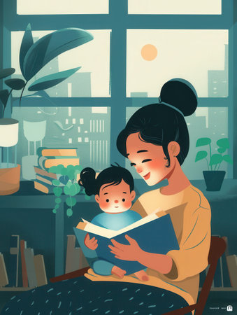A mother reads a book to her young child, surrounded by a warm, inviting atmosphere. Ideal for educational programs, bookstores, and publishers.の素材