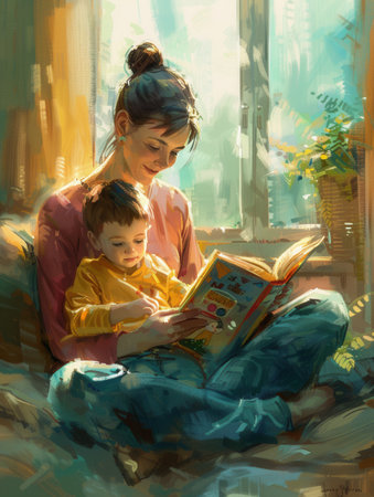 A mother reads a book to her young child while sitting by a window. The setting is warm and inviting experience, perfect for a cozy reading.の素材