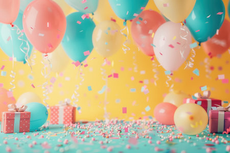 A vibrant image of a birthday party scene featuring colorful balloons, confetti, and presents.の素材