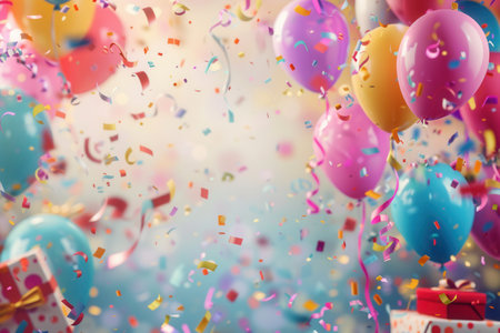 A joyous scene with colorful balloons, confetti, and presents, ideal for kids birthday party celebrations.の素材