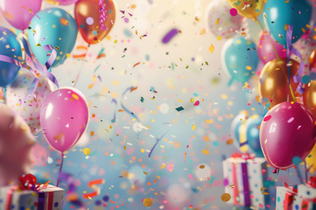 Colorful balloons, confetti, and presents fill the air, creating a joyful and festive atmosphere for a childâs birthday party.の素材