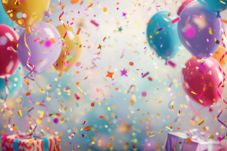 Festive birthday party scene with colorful balloons, confetti, and presents.の素材