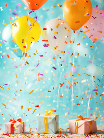 Brightly colored balloons, confetti, and presents set against a blue backdrop. This festive image is perfect for celebrating a child's birthday.の素材