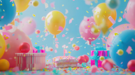 Vibrant birthday party scene with balloons, confetti, and presents, ideal for childrens stores, event planning agencies, and photo studios.の素材