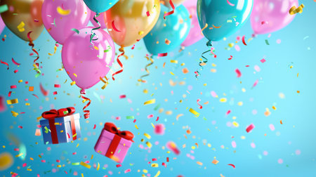 A festive scene with bright balloons, confetti, and presents against a blue background. Ideal for children's stores, event planning, and photography.の素材