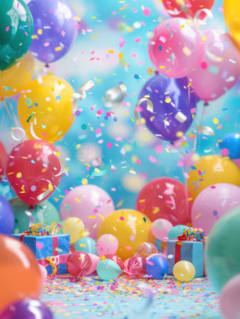 A vibrant image of bright balloons, confetti, and presents scattered on a blue surface, perfect for celebrating a childâs birthday.の素材