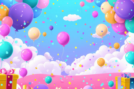A vibrant scene with colorful balloons, confetti, and presents against a bright blue sky.の素材