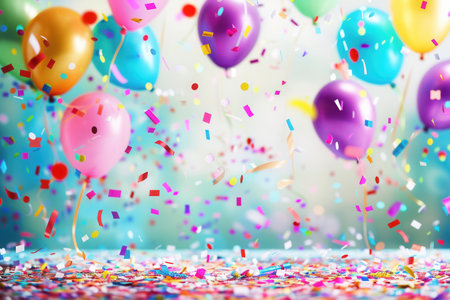 A festive birthday party scene with bright balloons, confetti, and presents. Perfect for children's stores, event planners, and photo studios.の素材