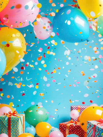 A festive image of colorful balloons and confetti falling against a blue backdrop, perfect for celebrating a happy birthday party.の素材