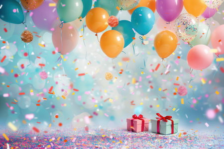 A celebratory scene with vibrant balloons, confetti, and presents against a pastel blue backdrop. Perfect for children's stores, event planners, and photo studios.の素材