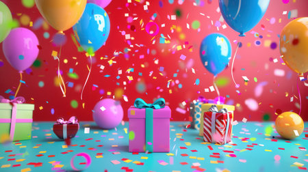 A bright and cheerful birthday party scene with balloons, confetti, and presents. Perfect for children's stores, event planners, and photo studios.の素材