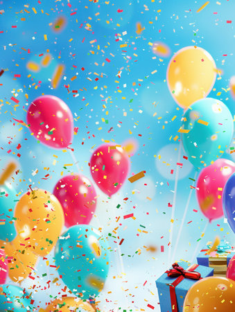 A vibrant image of colorful balloons, confetti, and presents against a blue sky backdrop, perfect for celebrating a childâs birthday party.の素材