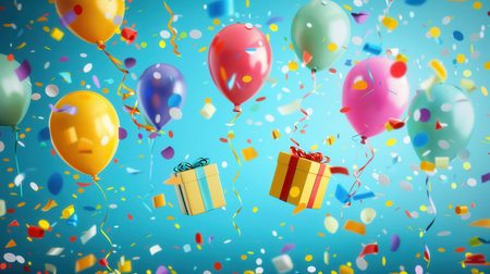Vibrant image of a festive childrens birthday party with colorful balloons, confetti, and presents against a blue background.の素材