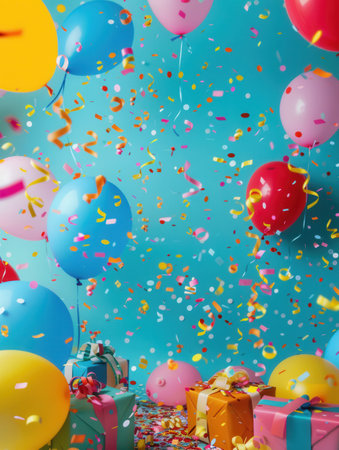 A vibrant image of a birthday celebration with balloons, confetti, and presents against a blue backdrop.の素材