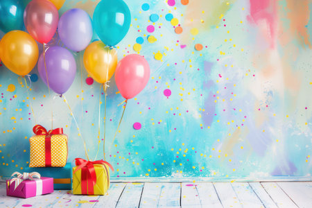 A festive backdrop perfect for childrens birthday parties featuring colorful balloons, confetti, and presents.の素材