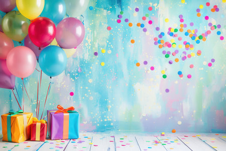 A colorful and festive backdrop for a childâs birthday party featuring bright balloons, confetti, and presents.の素材