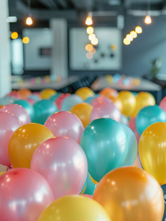 Balloons in a variety of colors decorate an office event space, likely for a celebration or team building activity.の素材