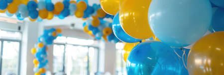 A close-up of blue and yellow balloons decorating an office event.の素材