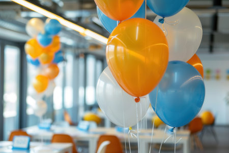 Balloons in corporate colors adorn an office event, creating a festive atmosphere.の素材