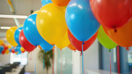 A row of colorful balloons hangs from the ceiling in an office setting, likely for a special event or celebration.の素材