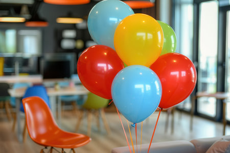A cluster of balloons in various colors, including red, yellow, blue, and green, decorate an office event. The balloons are tied together and float in the air.の素材