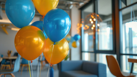 Blue and gold balloons fill the air in an office setting, signifying a celebratory occasion.の素材