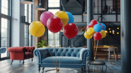 A cluster of colorful balloons decorates a modern office space for an event.の素材