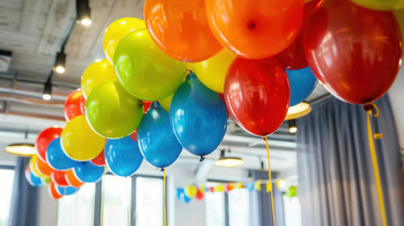 Balloons in various colors hang from the ceiling in an office space, creating a festive atmosphere for a company event.の素材