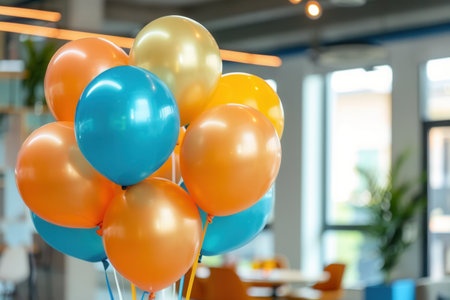 A cluster of orange, blue, and gold balloons decorate an office event, adding a festive touch to the celebration.の素材