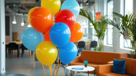A cluster of colorful balloons, likely in corporate colors, decorate a modern office event space, suggesting a celebration or team gathering.の素材