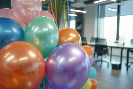 A cluster of colorful balloons in various shades of blue, green, purple, orange, and pink decorate an office event space.の素材